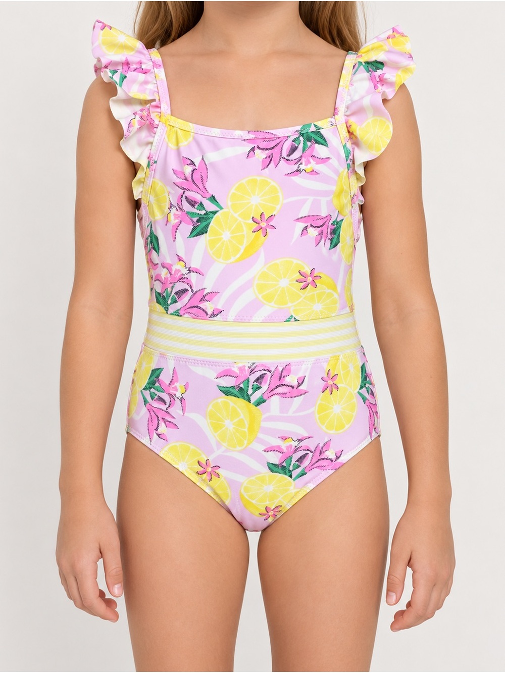 Girls Pink Lemon-Print Ruffle Strap One-Piece Swimsuit